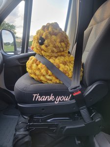 Giant Yellow Crochet Duck in moving van